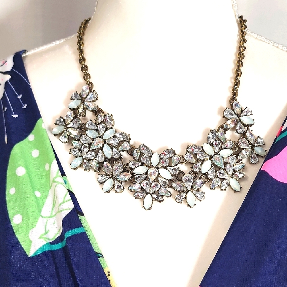Sugarfix Chunky  White and Clear Floral Crystals Statement Necklace